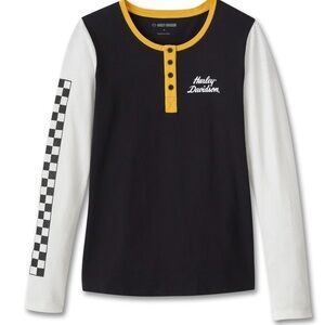Harley-Davidson Women's Rose Racer Mesh Henley Long Sleeve Shirt, Black